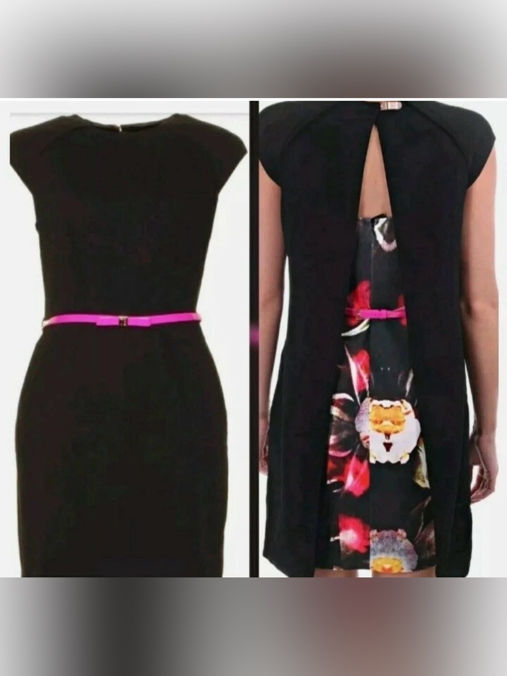 Ted Baker Rozean Black Pleated Petal Cafe Back Dress with Hot Pink Waist Belt 3